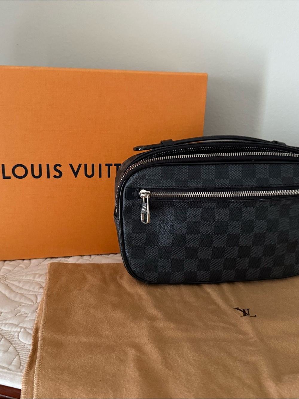 Authentic Louis Vuitton Men's Damier Graphite Canvas Belt Bag - Black